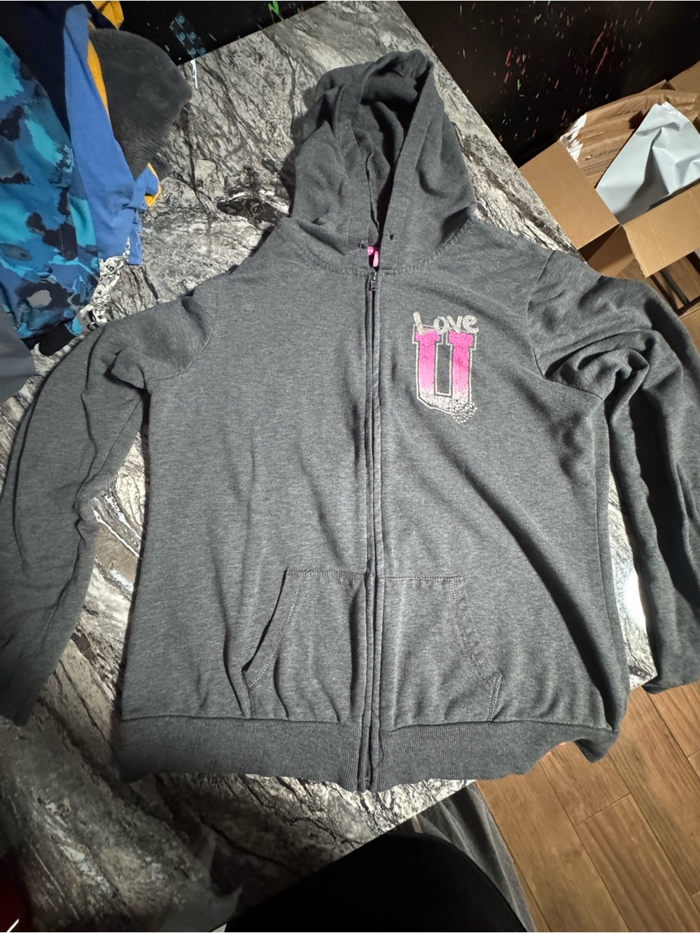 Kids Gray Zip Hoodie with Pink 'LOVE U' Accent